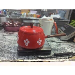 Vintage Red Enamel Wood Handle Fondue Pot MCM Flower Power